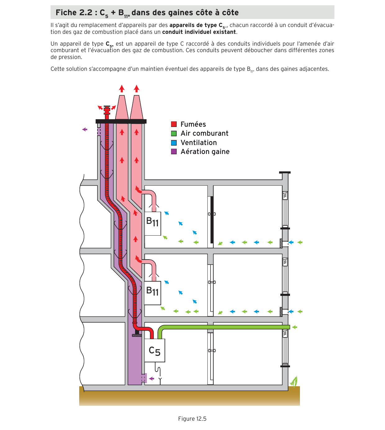 Coupe d'immeuble : appareil gaz C5 avec conduits d'air et de fumées individuels, gaine ventilée, anciens appareils B11 maintenus côte à côte