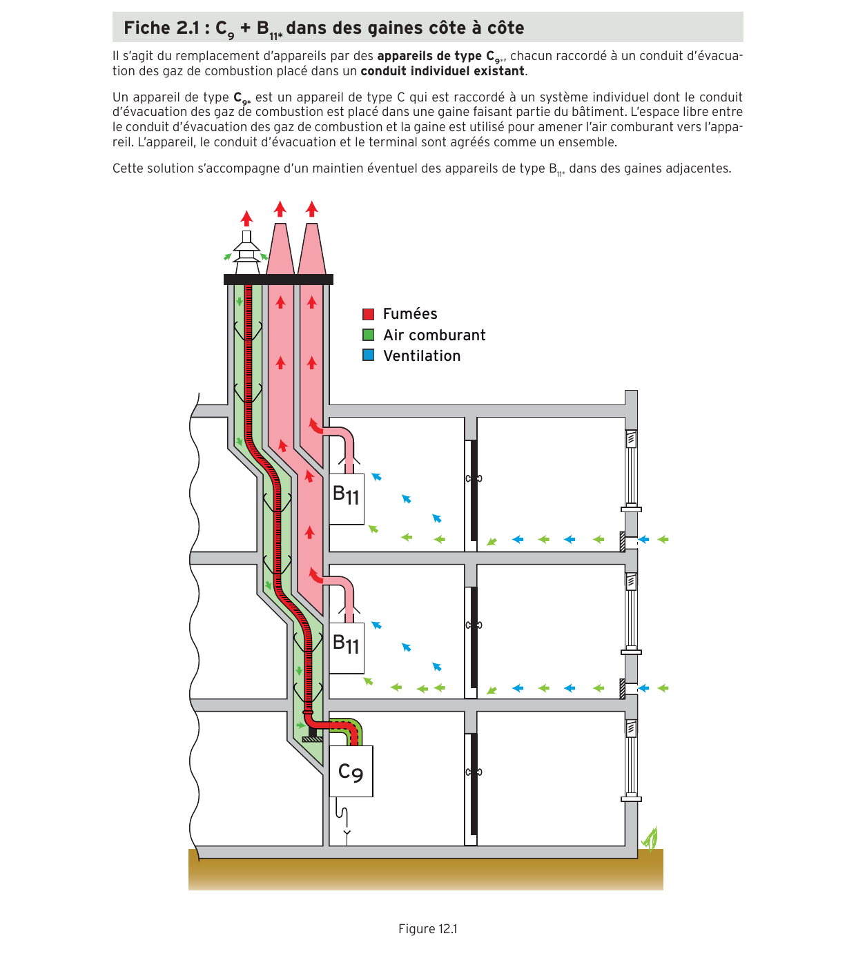 Coupe d'immeuble : appareil gaz C9 tubé dans une gaine, air comburant dans l'espace autour du tubage, anciens appareils atmosphériques B11 maintenus sur des gaines adjacentes